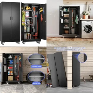 Garage cabinet set with tools, cleaning supplies, and adjustable shelves in a modern laundry room