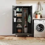 Garage cabinet set with cleaning supplies and storage baskets in laundry room