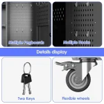 Garage cabinet set features multiple pegboards, hooks, keys, and flexible wheels for easy mobility