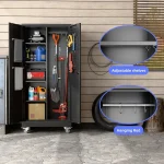 Garage cabinet set with adjustable shelves and hanging rod for tools and supplies