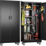 Black garage cabinet set with tools, paint, and storage items organized inside