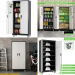Garage cabinet set with adjustable shelves and storage for tools and equipment