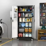 Garage cabinet set with tools and cleaning supplies organized inside a garage workspace