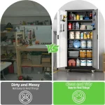 Before and after comparison of garage cabinet set organization, messy tools on left, tidy storage on right