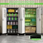 Garage cabinet set with adjustable shelves and organized storage containers