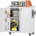 Garage cabinet set with tools, storage bins, and a work surface on top
