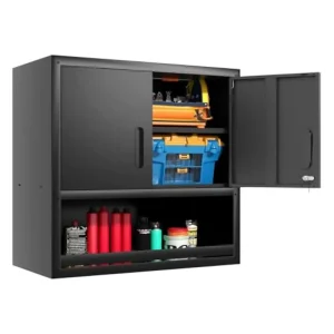 Garage cabinet set with tools and storage containers in a sleek black finish