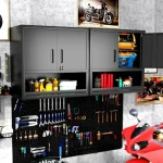 Garage cabinet set with tools and organized storage in a workshop setting