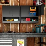 Garage cabinet set mounted on wooden wall with organized tools and supplies