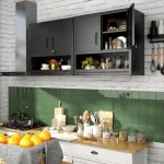 Modern garage cabinet set mounted above a kitchen counter with organized storage items.