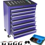 Purple garage cabinet set with multiple drawers and tools on top