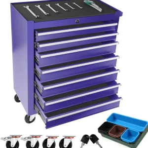 Purple garage cabinet set with multiple drawers and tools on top