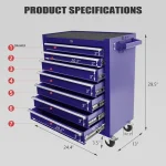 Garage cabinet set with multiple drawers and product specifications displayed