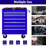 Blue garage cabinet set with multiple drawers and tools in a workshop setting