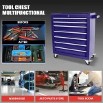 Multifunctional tool chest with organized tools and drawers in garage setting