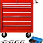 Red garage cabinet set with multiple drawers and rolling wheels for storage.