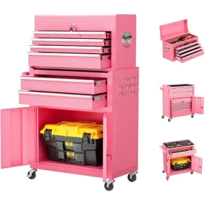Pink garage cabinet set with multiple drawers and a storage compartment for tools