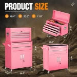 Pink garage cabinet set with multiple drawers and tool storage dimensions displayed