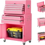 Pink garage cabinet set with multiple drawers and a storage compartment for tools.