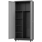 Garage cabinet set with multiple shelves and pegboard for organization