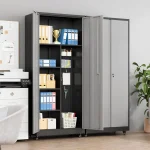 Garage cabinet set with open doors displaying organized shelves and office supplies