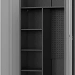 Garage cabinet set with multiple shelves and pegboard interior for organization