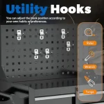 Utility hooks on garage cabinet set for organizing tools and accessories