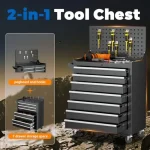 2-in-1 tool chest with seven drawers and pegboard for garage organization