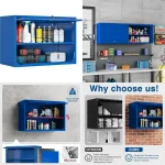 Blue garage cabinet set with shelves storing tools and cleaning supplies
