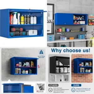 Blue garage cabinet set with shelves storing tools and cleaning supplies
