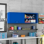 Blue garage cabinet set mounted on wall with organized tools and supplies inside