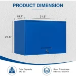 Blue garage cabinet set with dimensions and total capacity displayed