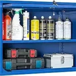 Garage cabinet set with cleaning supplies and tool storage compartments