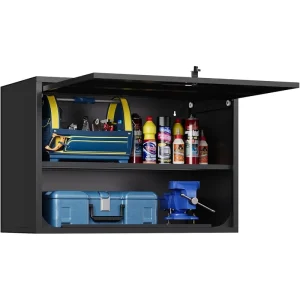Garage cabinet set with tools, storage containers, and cleaning supplies inside