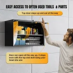 Garage cabinet set with open top door showcasing organized tools and parts