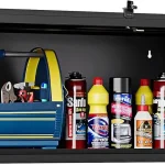 Garage cabinet set with tools and cleaning supplies organized inside